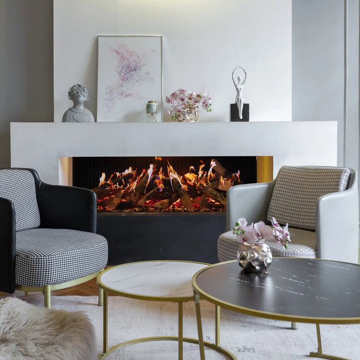 Amantii MultiView Holo holographic electric fireplace with a realistic log fire in a white paneled living room