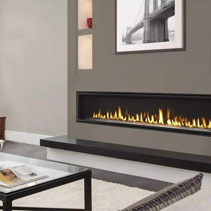Majestic Echelon II 60 inch linear gas fireplace installed in a gray wall