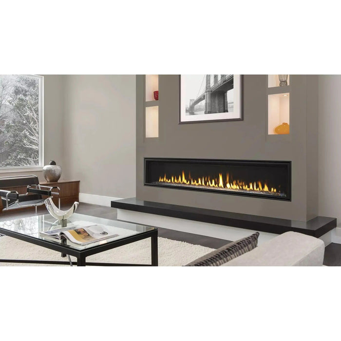 Majestic Echelon II 60 inch linear gas fireplace installed in a gray wall