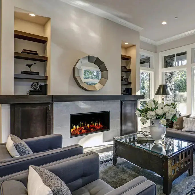Modern Flames Orion V2 Multi linear electric fireplace built into a living room wall