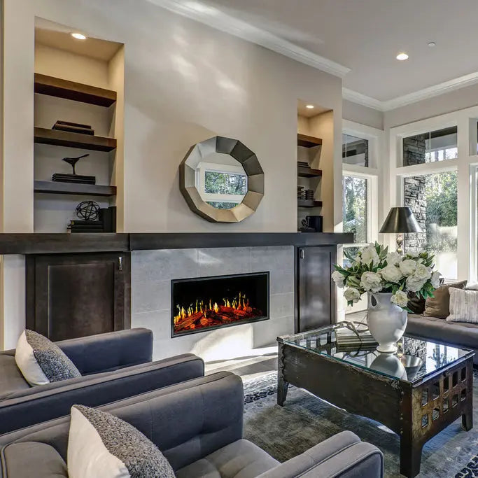 Modern Flames Orion V2 Multi linear electric fireplace built into a living room wall