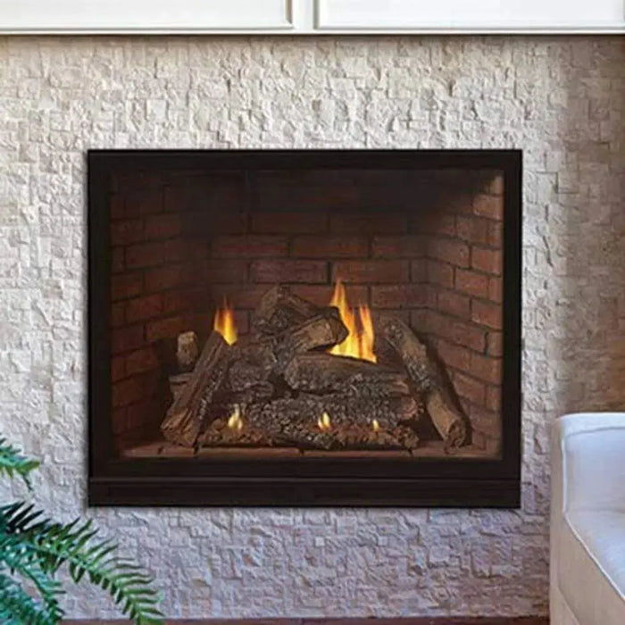 Empire Tahoe Clean Face Luxury gas fireplace set in white stacked stone with a brick liner and log set