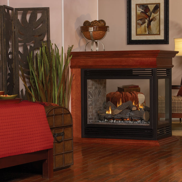 Empire Tahoe Peninsula 36 inch gas fireplace with glass on three sides in a living room