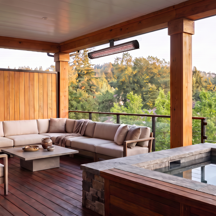 Black Bromic Tungsten Electric Select heater under a covered deck roof beside a hot tub