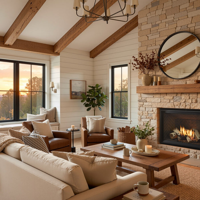 Direct vent gas fireplace in a stacked stone wall with a wood mantel in a vaulted living room at sunset
