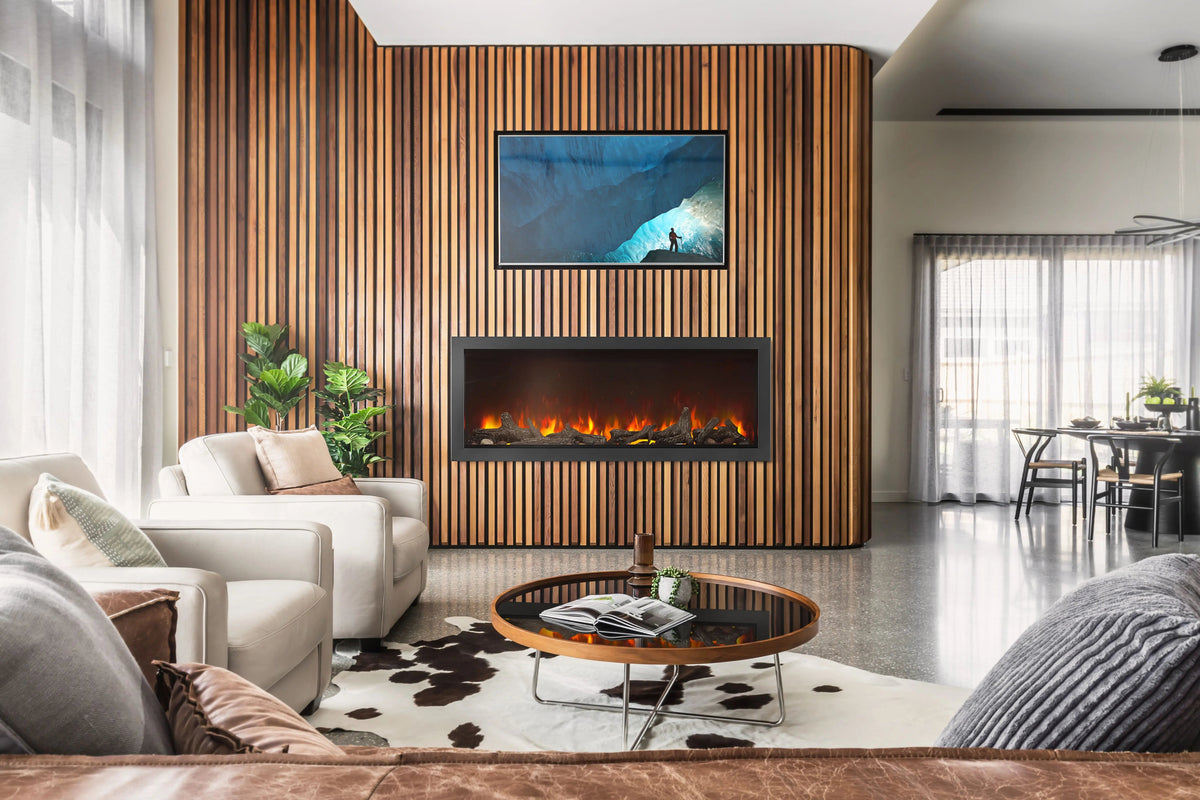 Napoleon Astound built-in electric fireplace in a wood slat feature wall in a living room