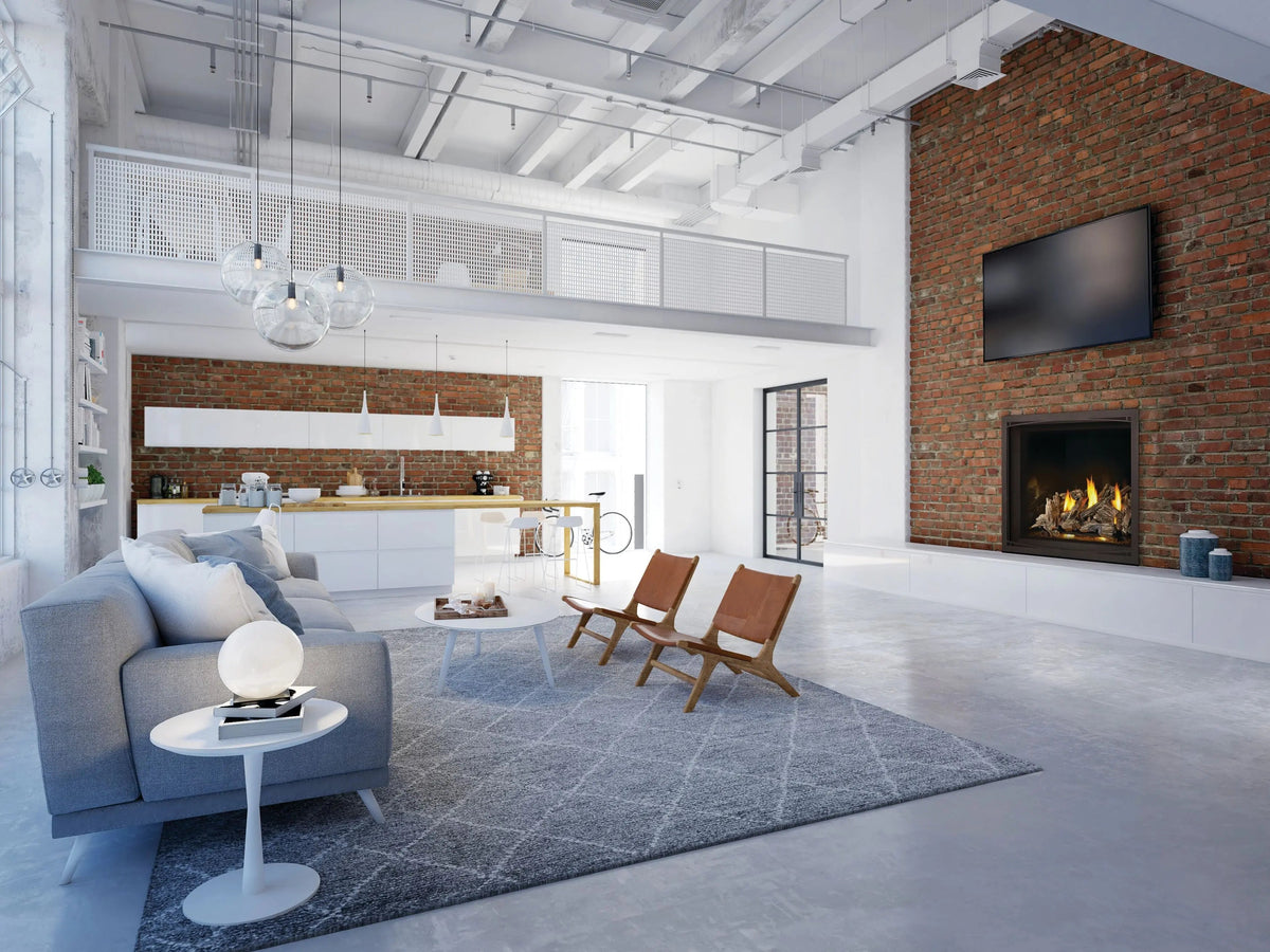 Napoleon Elevation X gas fireplace in a red brick wall below a TV in a bright open loft