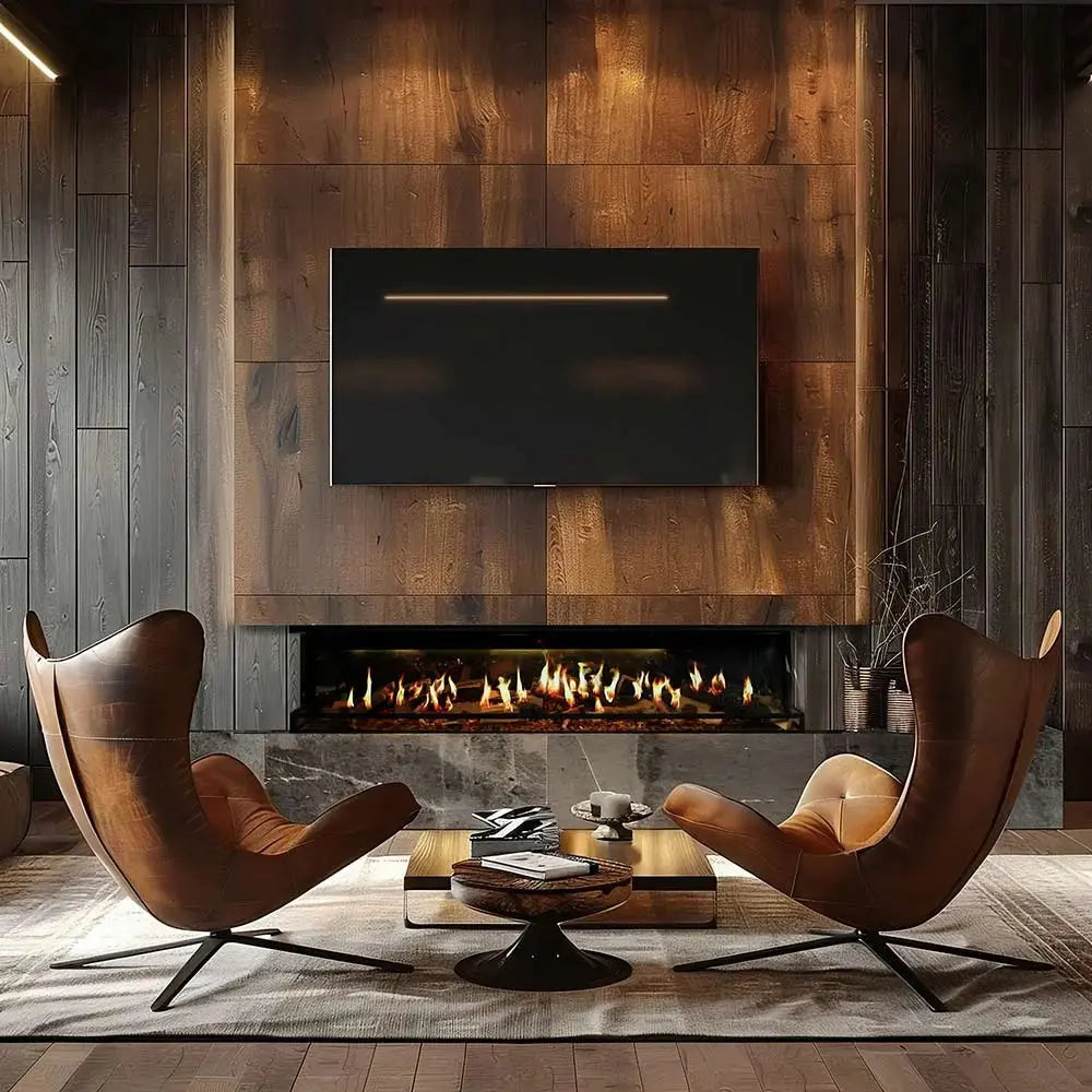 Ortal linear electric fireplace set into a walnut panelled wall with leather lounge chairs