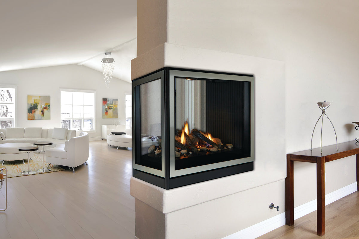 Empire Tahoe Clean-Face peninsula gas fireplace in a white wall between two rooms