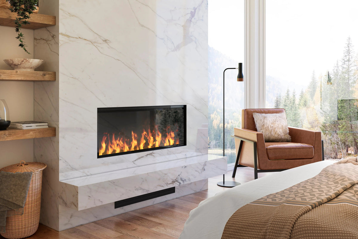 Dimplex Opti-Myst water vapor fireplace in a white marble wall in a bedroom with a mountain view