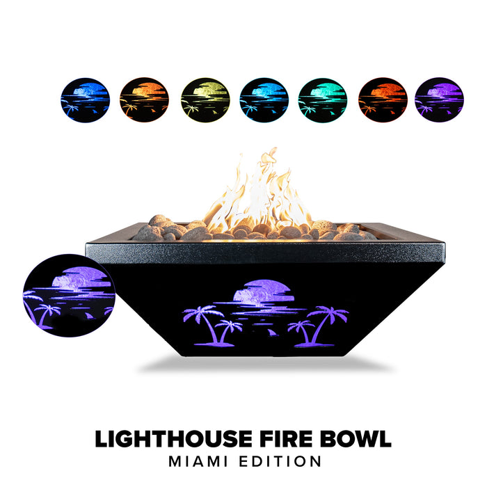 The Outdoor Plus Lighthouse Series Miami Powder Coat Square Gas Fire Bowl with LED – Natural Gas