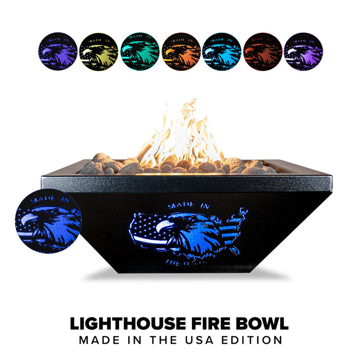 The Outdoor Plus Lighthouse Series Made In The USA Powder Coat Square Gas Fire Bowl with LED – Natural Gas