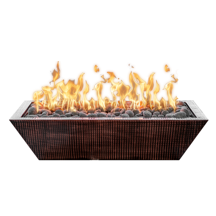 The Outdoor Plus Linear Maya Hammered Copper Rectangular Gas Fire Bowl