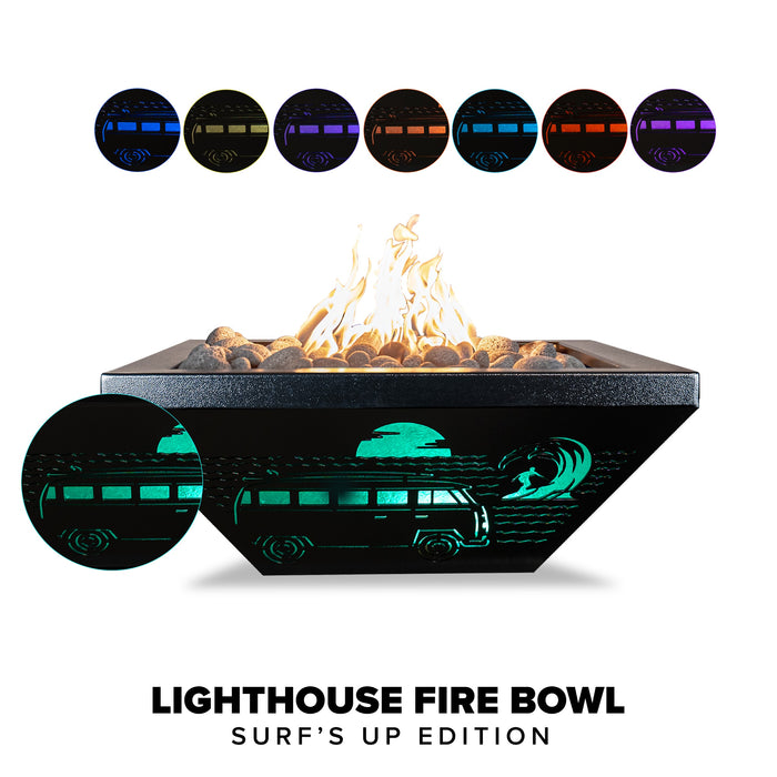 The Outdoor Plus Lighthouse Series Surfs Up Powder Coat Square Gas Fire Bowl with LED – Natural Gas