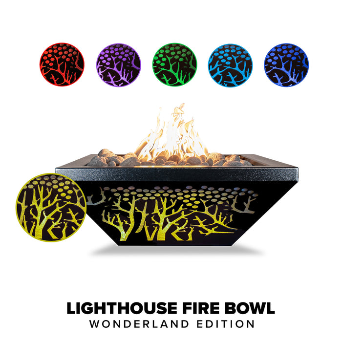 The Outdoor Plus Lighthouse Series Wonderland Powder Coat Square Gas Fire Bowl with LED – Liquid Propane