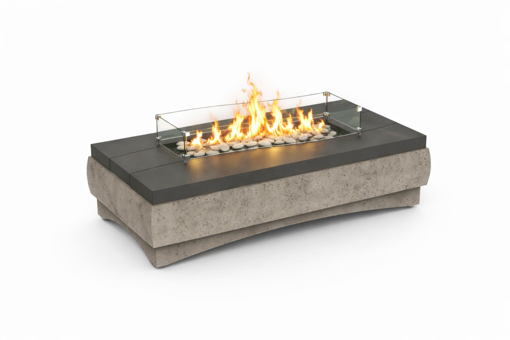 American Fyre Designs 8209-WG glass wind guard on the River Rectangle Firetable, lit