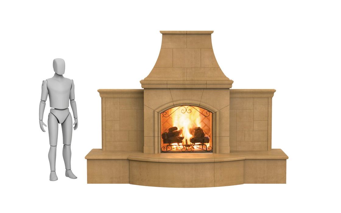 American Fyre Designs Grand Phoenix Outdoor Gas Fireplace in Cafe Blanco, shown next to a figure for scale