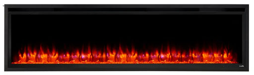 SimpliFire Allusion Platinum 72" recessed linear electric fireplace, front view with orange and blue flame