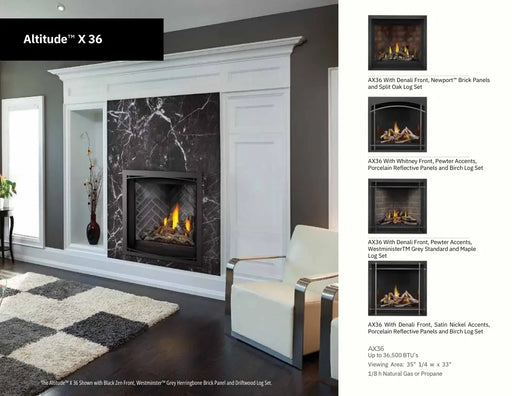 Napoleon Altitude X Series 36" Direct Vent Gas Fireplace - brochure page with model details and a room photo