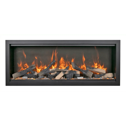 Amantii 74" Symmetry Bespoke Extra Tall Electric Fireplace - orange flames over a log set, front view