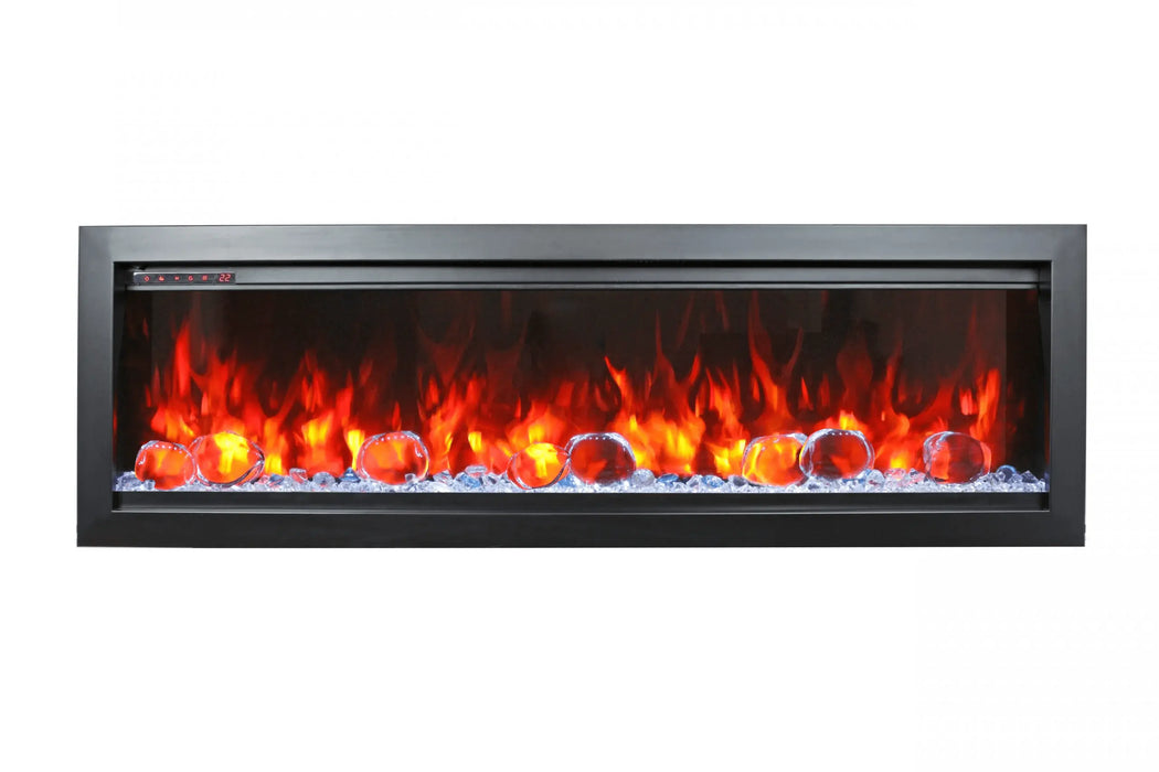 Amantii Symmetry Bespoke electric fireplace, front view with glass media