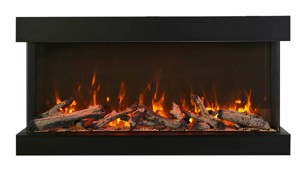 Amantii 88" Tru View XT Lumina Electric Fireplace - orange flames over a log set, angled view