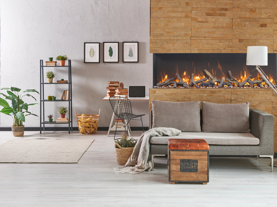 Amantii 88" Tru View XT Lumina Electric Fireplace - installed in a wood-paneled wall above a gray sofa