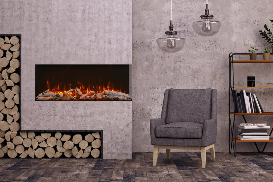 Amantii 88" Tru View XT Lumina Electric Fireplace - installed in a concrete wall with firewood storage niches