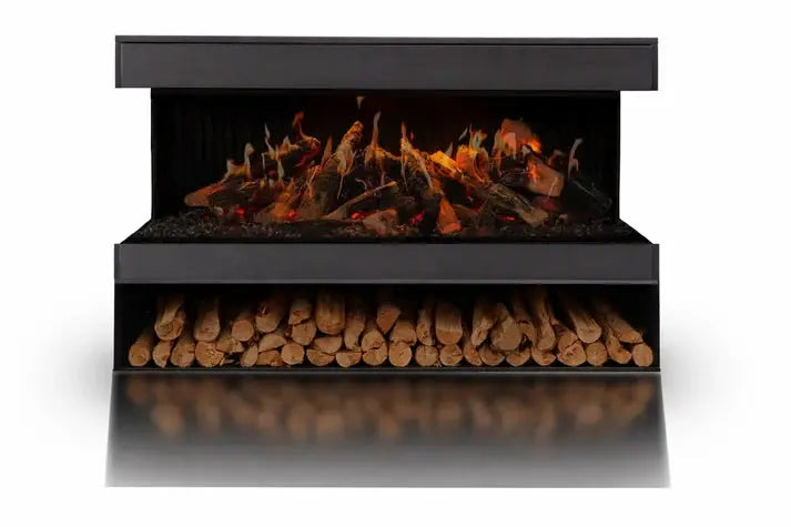 Amantii Black Contemporary Pedestal Display with Storage Compartment for Signature MultiView Holo Fireplace - pedestal with firewood storage below a three-sided fireplace