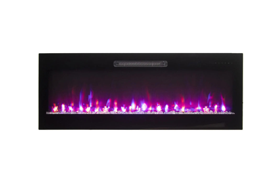 Amantii Evolution Linear Electric Fireplace by Fire & Ice - pink flames over glass media, front view