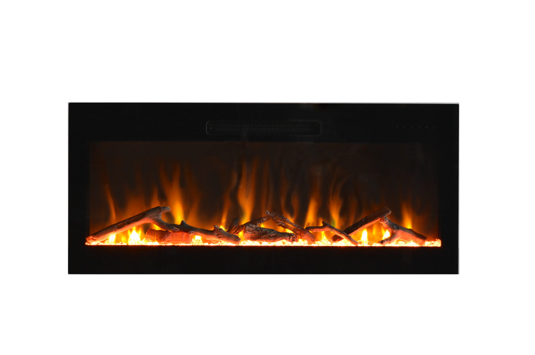 Amantii Evolution Linear Electric Fireplace by Fire & Ice - orange flames over a log set, front view