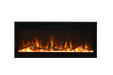 Amantii Evolution Linear Electric Fireplace by Fire & Ice - orange flames over a log set, front view