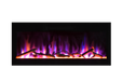 Amantii Evolution Linear Electric Fireplace by Fire & Ice - pink flames over a log set, front view