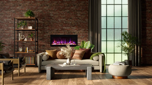Amantii Evolution Linear Electric Fireplace by Fire & Ice - installed on a brick wall in a loft living room