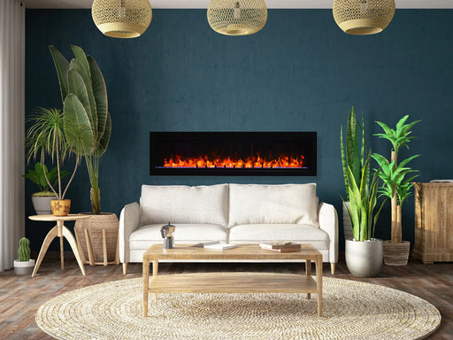 Amantii Evolution Linear Electric Fireplace by Fire & Ice - installed on a teal wall above a white sofa