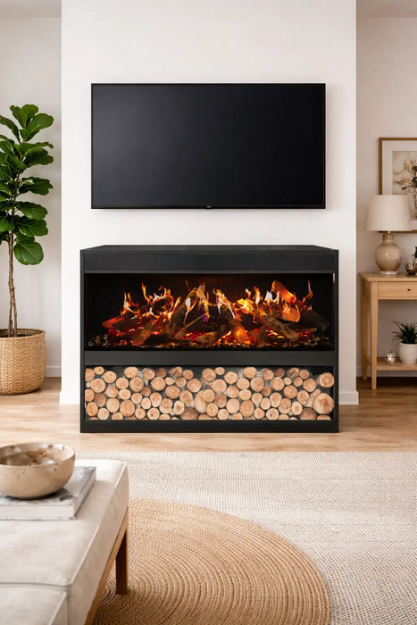 Amantii Pedestal Display for Fire & Ice LumaForest Indoor 3 Sided Built In Electric Fireplace - pedestal with firewood storage below a wall-mounted TV