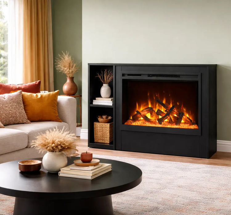 Amantii Pedestal Display for Fire & Ice LumaForest Indoor 3 Sided Built In Electric Fireplace - black pedestal with side storage in a living room