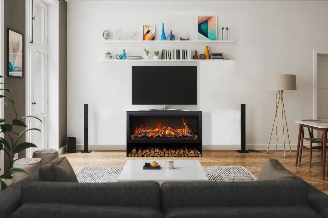 Amantii Pedestal Display for Fire & Ice LumaForest Indoor 3 Sided Built In Electric Fireplace - pedestal with fireplace in a living room below a TV