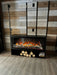 Amantii Pedestal Display for Fire & Ice LumaForest Indoor 3 Sided Built In Electric Fireplace - pedestal with firewood storage against a reclaimed wood wall