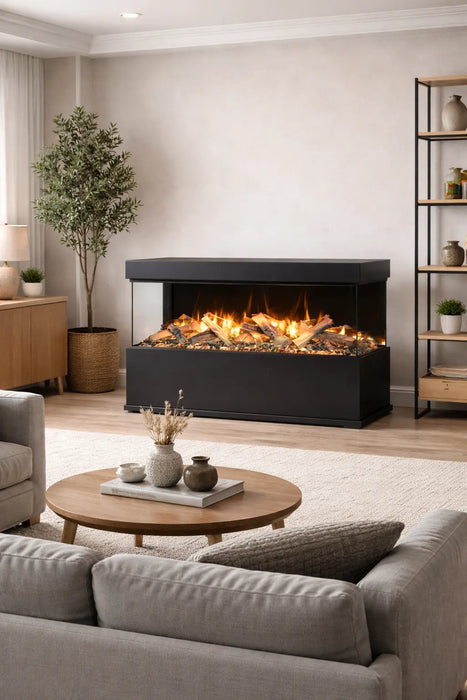 Amantii Pedestal Display for Fire & Ice LumaForest Indoor 3 Sided Built In Electric Fireplace - pedestal with three-sided fireplace beside a gray sofa