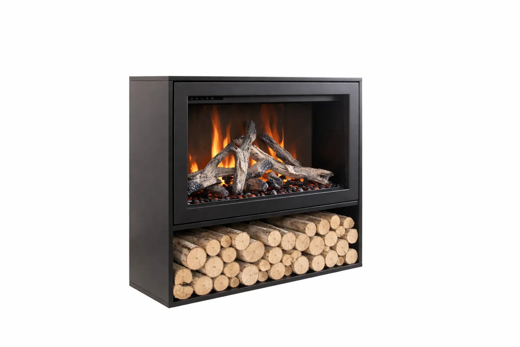 Amantii Pedestal Display for Fire & Ice LumaForest Indoor 3 Sided Built In Electric Fireplace - pedestal with firewood storage, angled view (view 2)