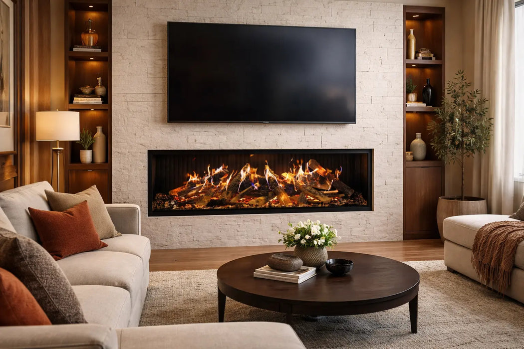 Amantii Signature MultiView Holo Electric Fireplace - installed in a stone media wall below a TV