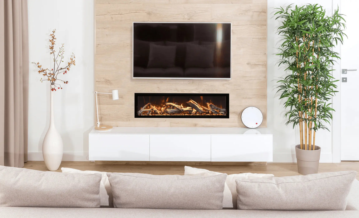 Amantii Symmetry Bespoke Extra Tall Electric Fireplace - installed in a wood media wall below a TV