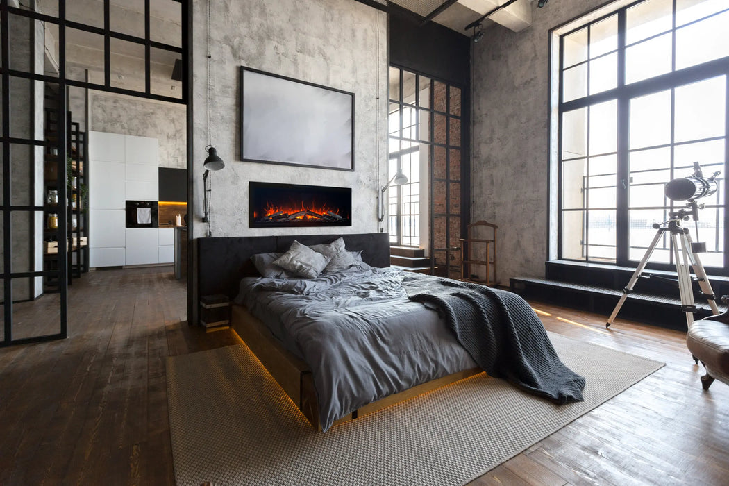 Amantii Symmetry Bespoke Extra Tall Electric Fireplace - installed in an industrial loft bedroom