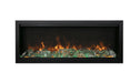 Amantii Symmetry Bespoke Extra Tall Electric Fireplace - orange flames over green-lit glass media, front view