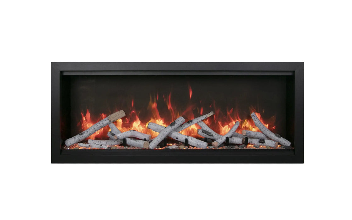Amantii Symmetry Bespoke Extra Tall Electric Fireplace - orange flames over birch logs, front view