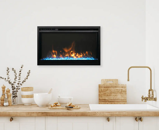 Amantii Traditional Xtra Slim Electric Fireplace - installed on a white wall above a kitchen counter