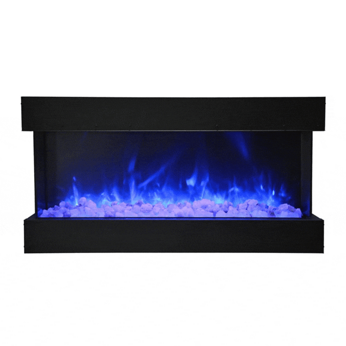 Amantii Tru-View XL Deep 40" Built-In Three Sided Electric Fireplace - blue flames over glass media, front view (view 2)
