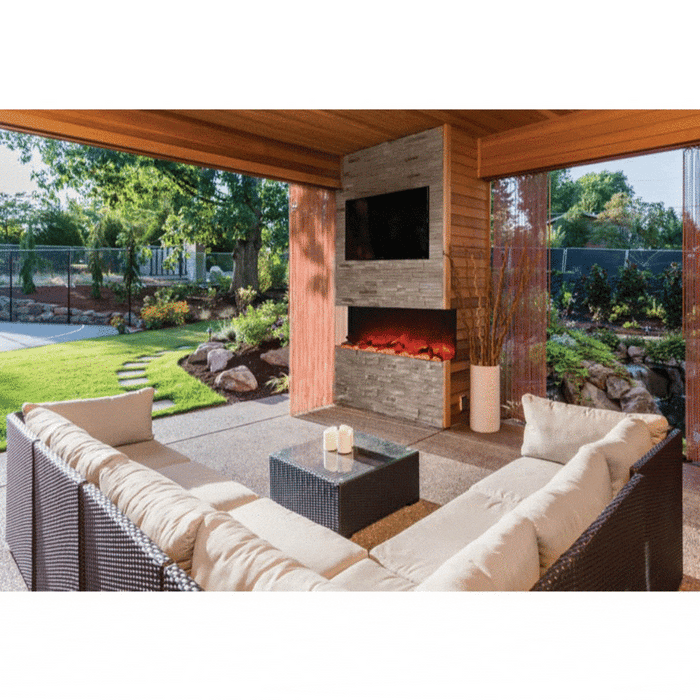 Amantii Tru-View XL Deep 60" Built-In Three Sided Electric Fireplace - installed in a covered patio wall with an outdoor sectional (view 2)