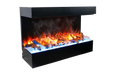 Amantii TruView Signature 3-Sided Glass Electric Fireplace - three-sided fireplace with blue-lit embers, angled view